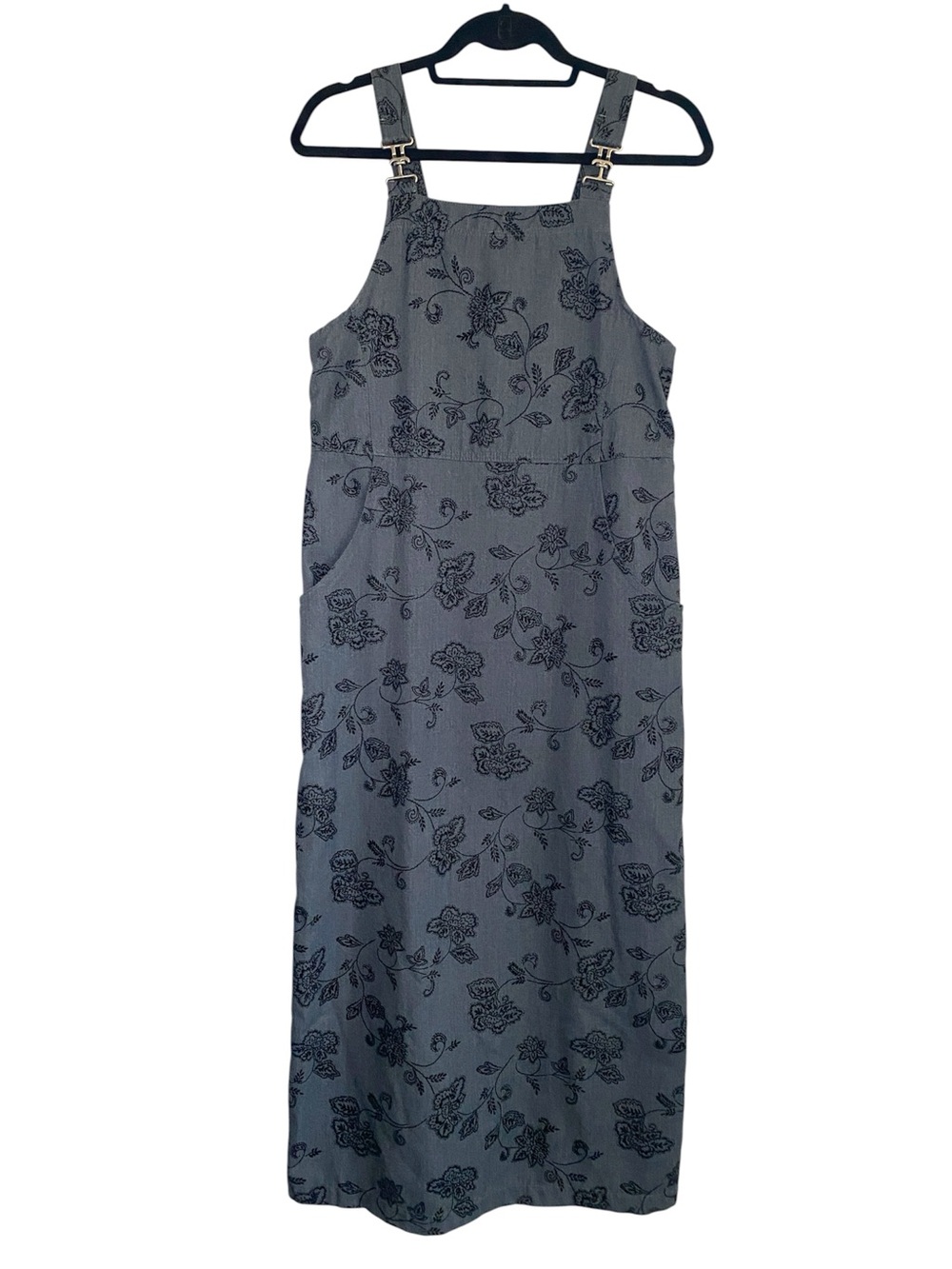 Vintage Talbots Overalls Dress XS Gray Black Velvet Floral Maxi Pinafore Jumper